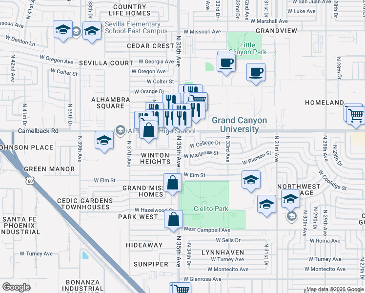 map of restaurants, bars, coffee shops, grocery stores, and more near 4825 North 35th Avenue in Phoenix