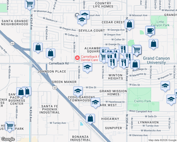 map of restaurants, bars, coffee shops, grocery stores, and more near 3839 West Camelback Road in Phoenix