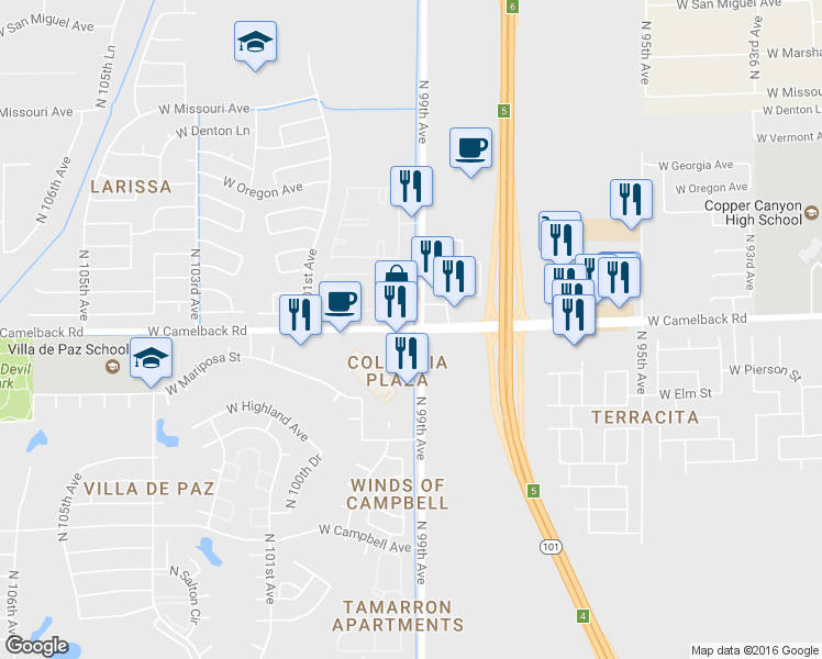 map of restaurants, bars, coffee shops, grocery stores, and more near 9920 West Camelback Road in Phoenix