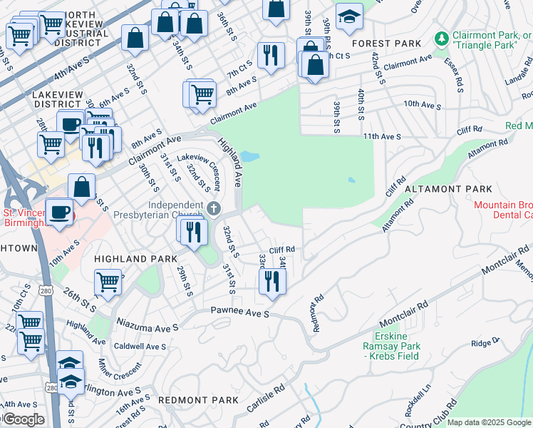 map of restaurants, bars, coffee shops, grocery stores, and more near 1200 34th Street South in Birmingham