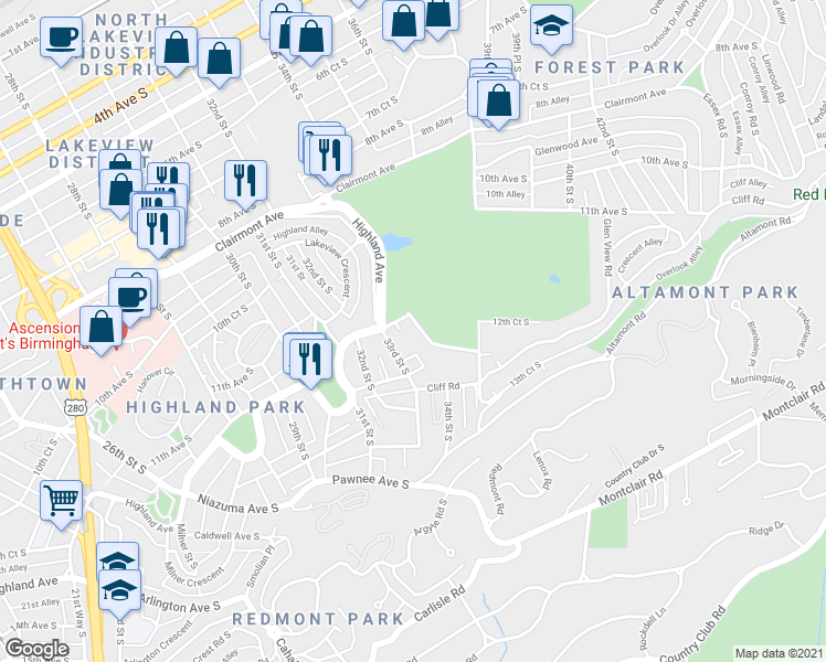 map of restaurants, bars, coffee shops, grocery stores, and more near 1200 34th Street South in Birmingham