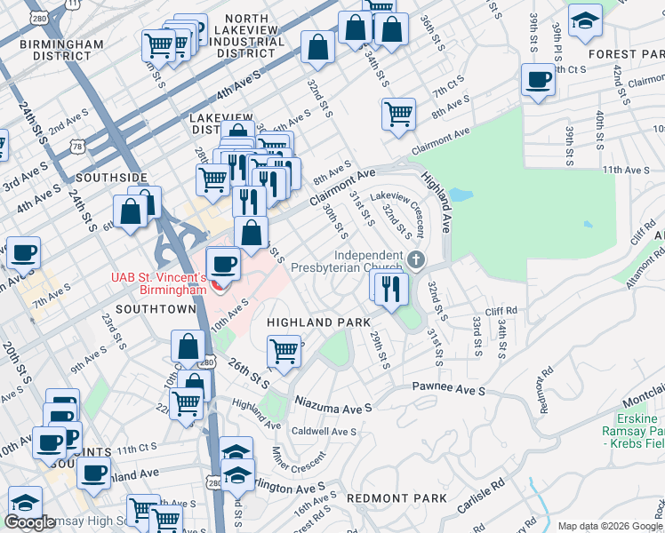 map of restaurants, bars, coffee shops, grocery stores, and more near 2901 10th Court South in Birmingham