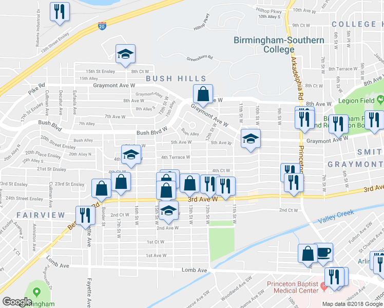 map of restaurants, bars, coffee shops, grocery stores, and more near 1308 4th Terrace West in Birmingham
