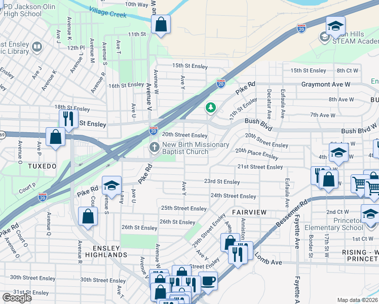 map of restaurants, bars, coffee shops, grocery stores, and more near 2528 20th Place Ensley in Birmingham