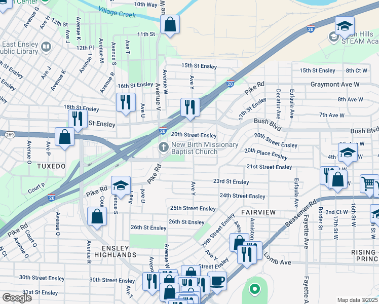 map of restaurants, bars, coffee shops, grocery stores, and more near 2334 20th Place Ensley in Birmingham