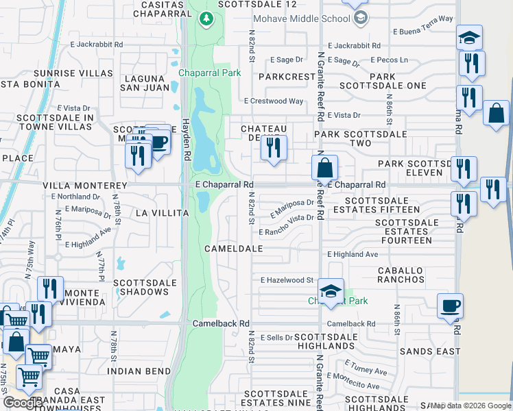 map of restaurants, bars, coffee shops, grocery stores, and more near 4919 North 82nd Street in Scottsdale