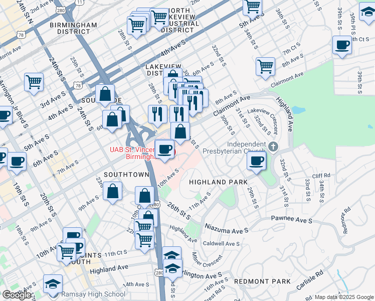 map of restaurants, bars, coffee shops, grocery stores, and more near 2728 10th Avenue South in Birmingham