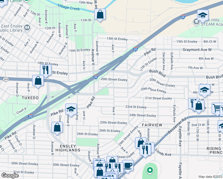 map of restaurants, bars, coffee shops, grocery stores, and more near 2345 20th Place Ensley in Birmingham