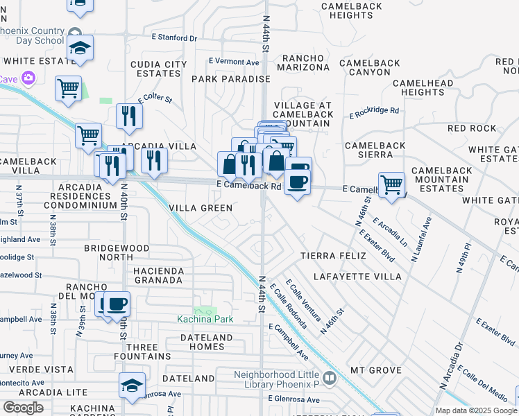 map of restaurants, bars, coffee shops, grocery stores, and more near 4916 North 44th Street in Phoenix