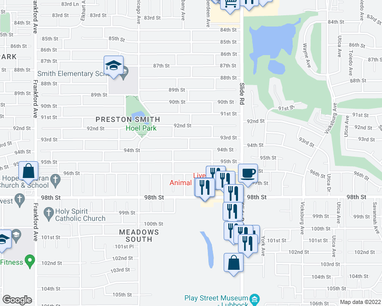 map of restaurants, bars, coffee shops, grocery stores, and more near 5235 94th Street in Lubbock