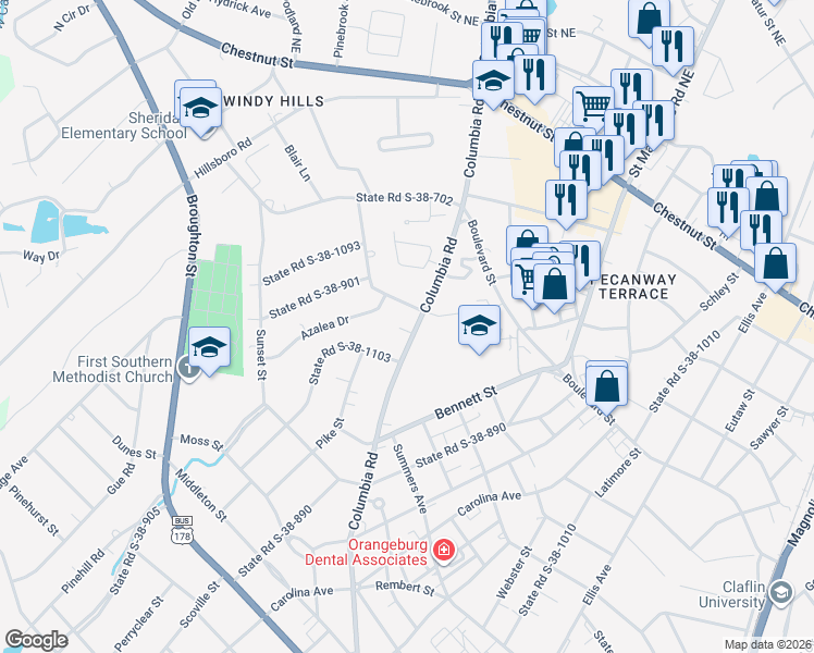 map of restaurants, bars, coffee shops, grocery stores, and more near 1459 Columbia Road in Orangeburg