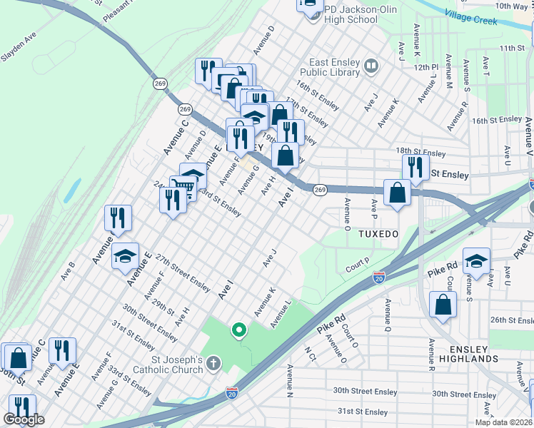 map of restaurants, bars, coffee shops, grocery stores, and more near 2122 Avenue I in Birmingham