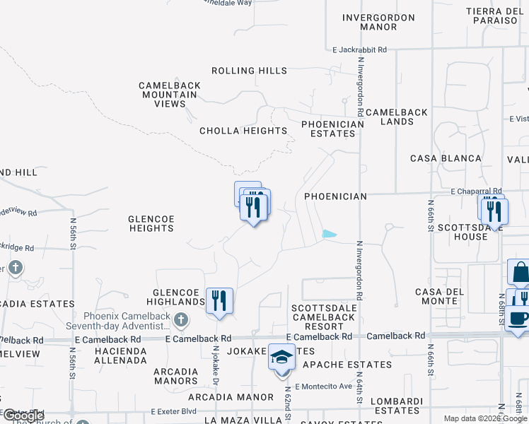 map of restaurants, bars, coffee shops, grocery stores, and more near 6000 East Camelback Road in Scottsdale