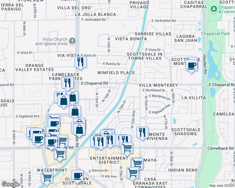 map of restaurants, bars, coffee shops, grocery stores, and more near 4916 North Woodmere Fairway in Scottsdale