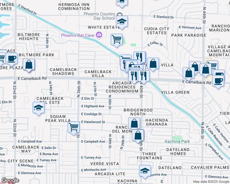 map of restaurants, bars, coffee shops, grocery stores, and more near 3825 East Camelback Road in Phoenix