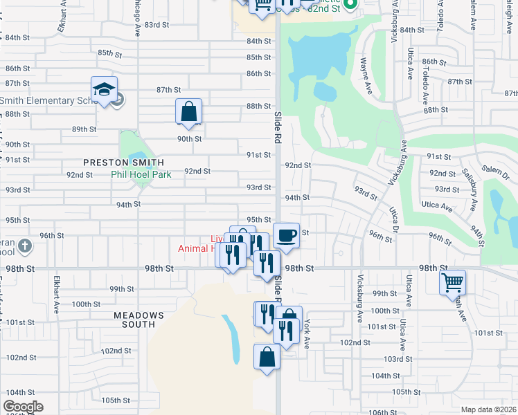 map of restaurants, bars, coffee shops, grocery stores, and more near 5209 94th Street in Lubbock