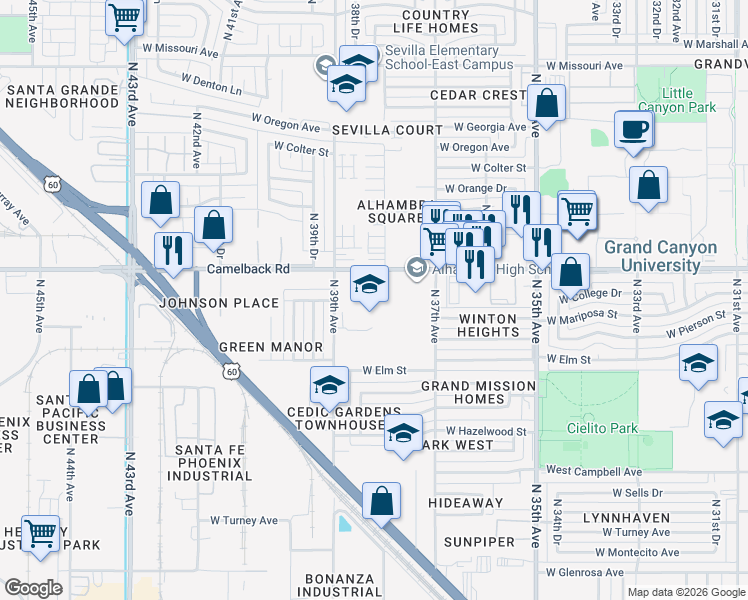 map of restaurants, bars, coffee shops, grocery stores, and more near 3839 West Camelback Road in Phoenix