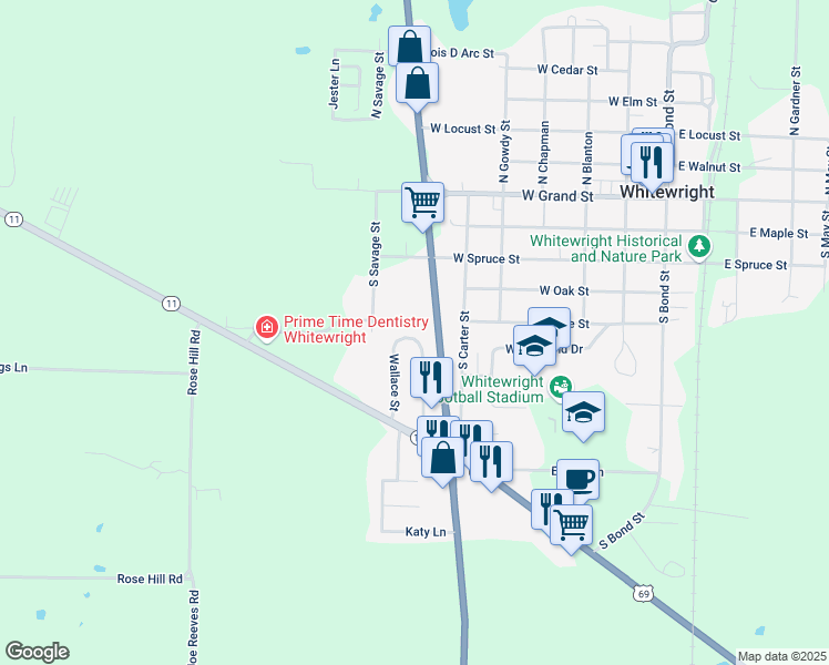 map of restaurants, bars, coffee shops, grocery stores, and more near 806 Walker Circle in Whitewright