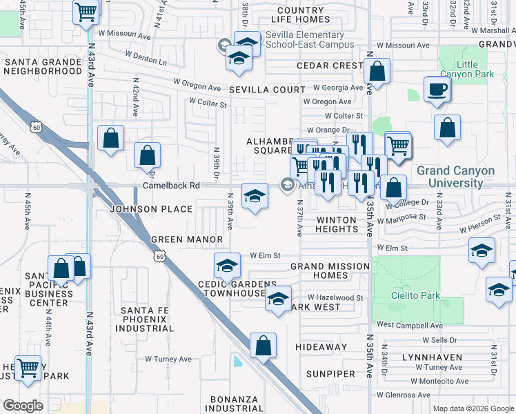 map of restaurants, bars, coffee shops, grocery stores, and more near 3839 West Camelback Road in Phoenix