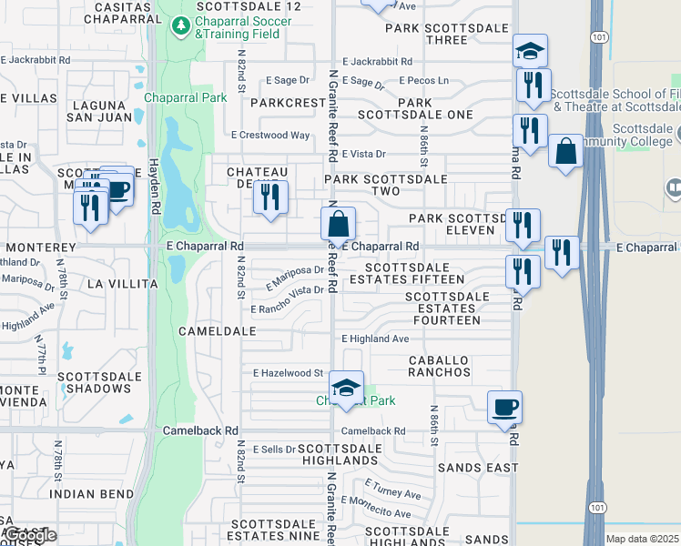 map of restaurants, bars, coffee shops, grocery stores, and more near 4961 North Granite Reef Road in Scottsdale