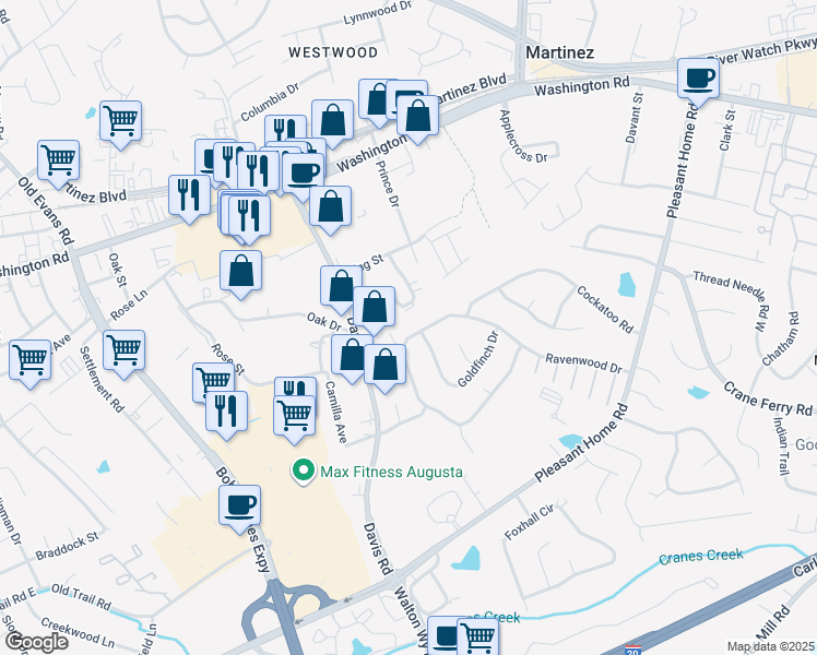 map of restaurants, bars, coffee shops, grocery stores, and more near 3351 Ravenwood Drive in Augusta