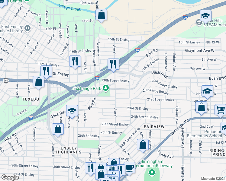 map of restaurants, bars, coffee shops, grocery stores, and more near 2339 20th Place Ensley in Birmingham