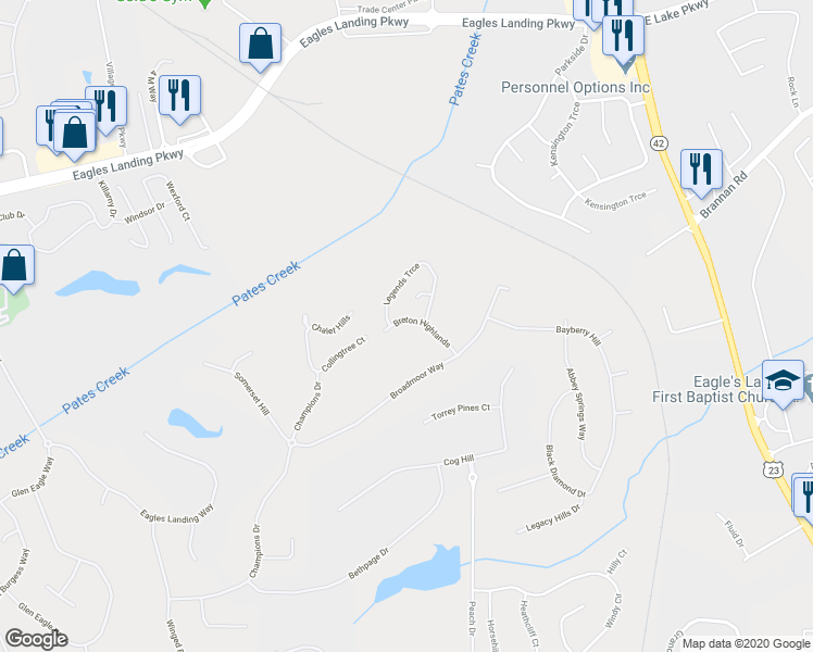 map of restaurants, bars, coffee shops, grocery stores, and more near 132 Breton Highlands in McDonough