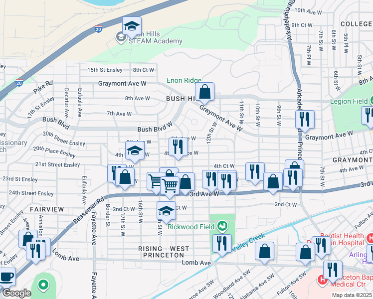 map of restaurants, bars, coffee shops, grocery stores, and more near 1308 4th Terrace West in Birmingham