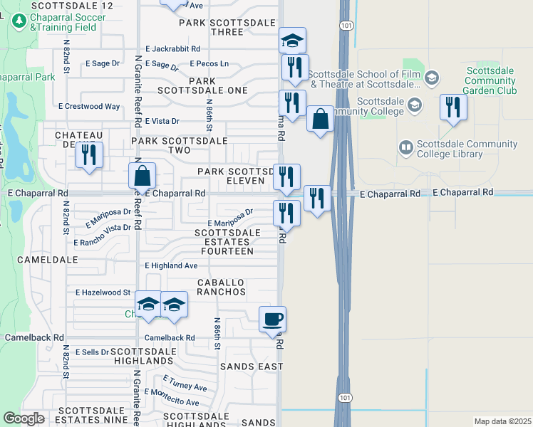 map of restaurants, bars, coffee shops, grocery stores, and more near 8737 East Mariposa Drive in Scottsdale