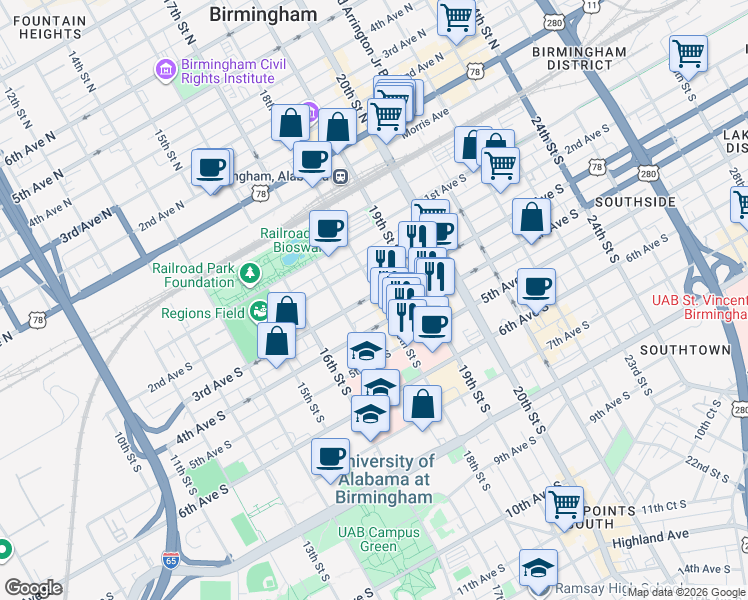 map of restaurants, bars, coffee shops, grocery stores, and more near 300 18th Street South in Birmingham