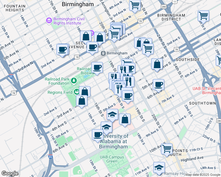 map of restaurants, bars, coffee shops, grocery stores, and more near 300 18th Street South in Birmingham