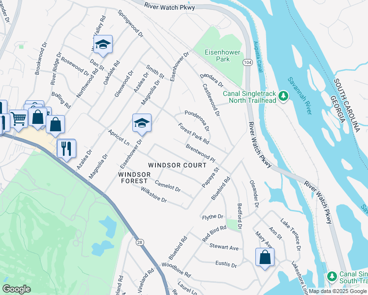 map of restaurants, bars, coffee shops, grocery stores, and more near 2425 1/2 Brentwood Place in Augusta