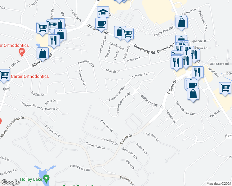 map of restaurants, bars, coffee shops, grocery stores, and more near 136 Sandstone Boulevard in Aiken