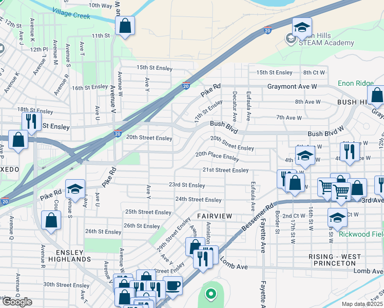 map of restaurants, bars, coffee shops, grocery stores, and more near 2644 20th Place Ensley in Birmingham