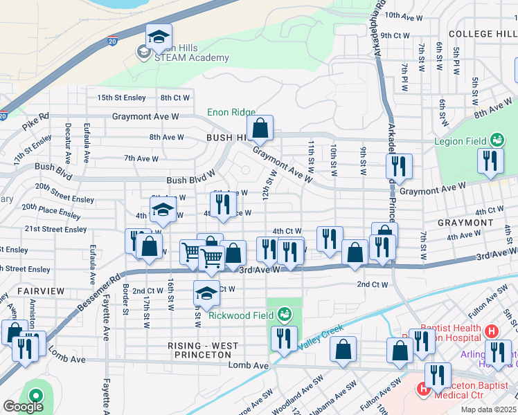 map of restaurants, bars, coffee shops, grocery stores, and more near 1202 4th Terrace West in Birmingham