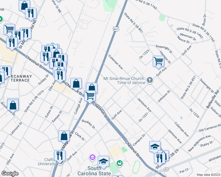 map of restaurants, bars, coffee shops, grocery stores, and more near 641 Oc 1234 in Orangeburg