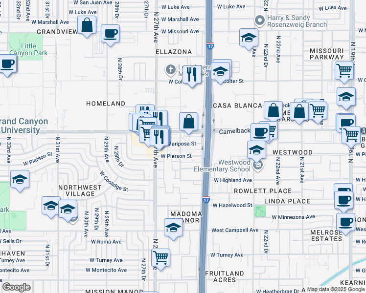 map of restaurants, bars, coffee shops, grocery stores, and more near 2535 West Mariposa Street in Phoenix
