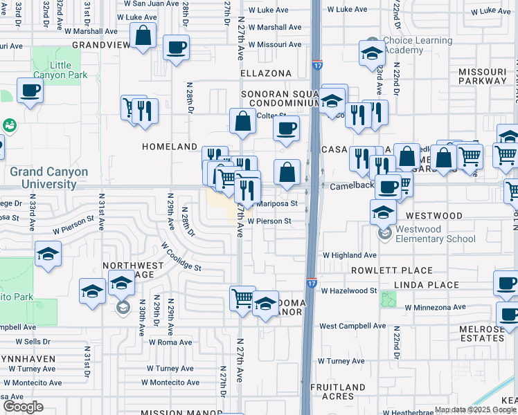 map of restaurants, bars, coffee shops, grocery stores, and more near 2621 West Mariposa Street in Phoenix