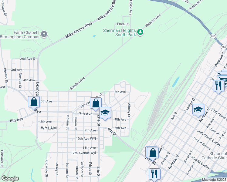 map of restaurants, bars, coffee shops, grocery stores, and more near 428 Buffalo Street in Birmingham