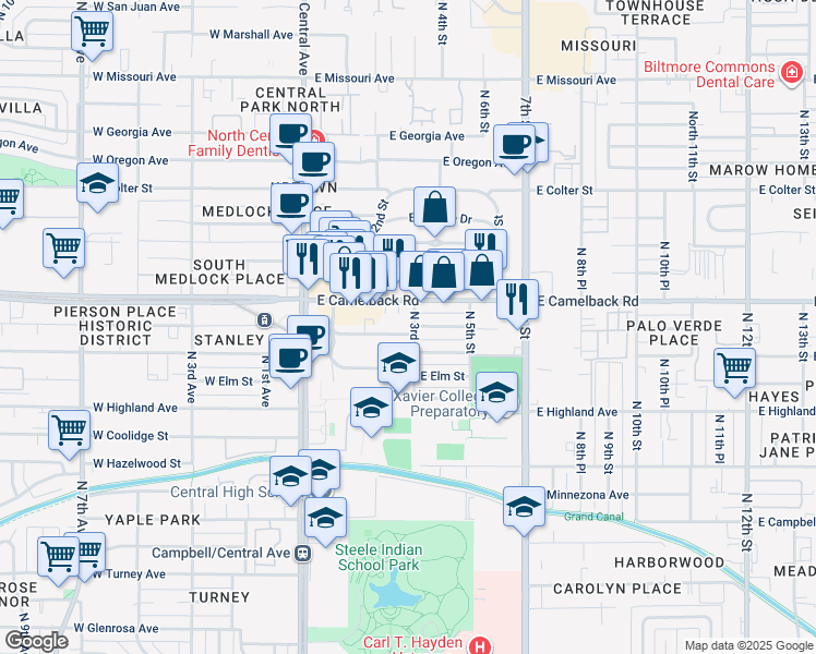 map of restaurants, bars, coffee shops, grocery stores, and more near 150 East Mariposa Street in Phoenix