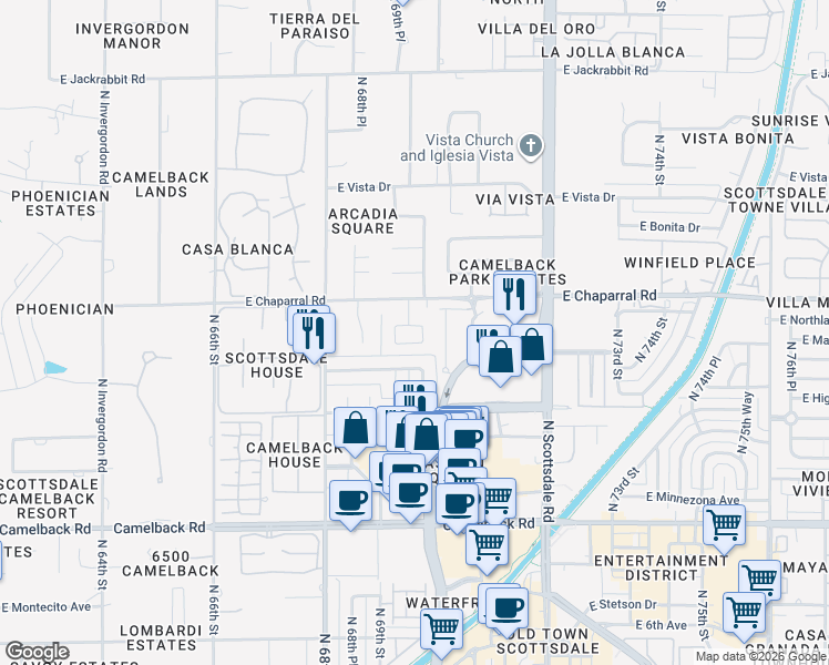 map of restaurants, bars, coffee shops, grocery stores, and more near 6905 East Mariposa Drive in Scottsdale