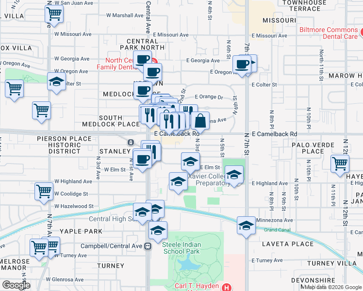 map of restaurants, bars, coffee shops, grocery stores, and more near 120 East Mariposa Street in Phoenix