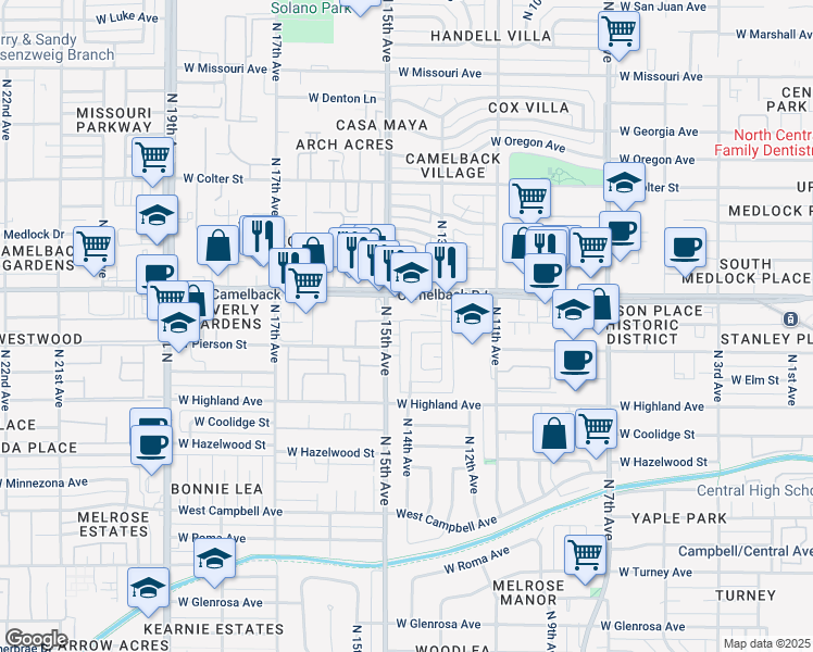 map of restaurants, bars, coffee shops, grocery stores, and more near 1332 West Mariposa Street in Phoenix