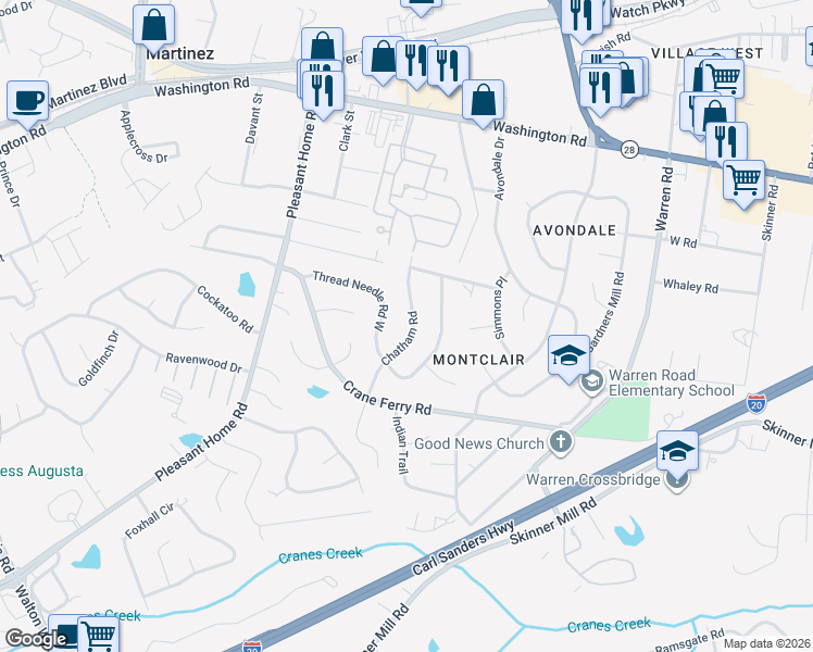 map of restaurants, bars, coffee shops, grocery stores, and more near 221 Chatham Road in Augusta