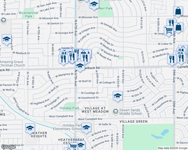 map of restaurants, bars, coffee shops, grocery stores, and more near 4771 North 65th Drive in Phoenix