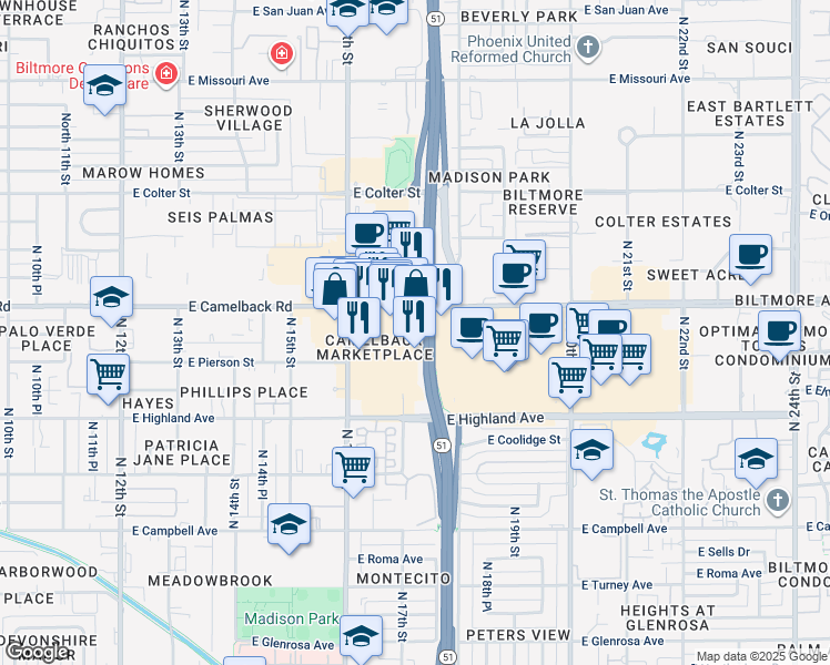 map of restaurants, bars, coffee shops, grocery stores, and more near 1641 E Camelback Rd in Phoenix