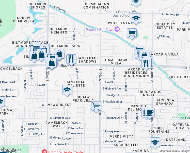 map of restaurants, bars, coffee shops, grocery stores, and more near 4817 North 35th Way in Phoenix
