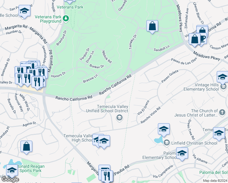 map of restaurants, bars, coffee shops, grocery stores, and more near 41526 Avenida De La Reina in Temecula