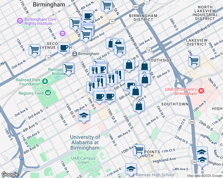 map of restaurants, bars, coffee shops, grocery stores, and more near in Birmingham