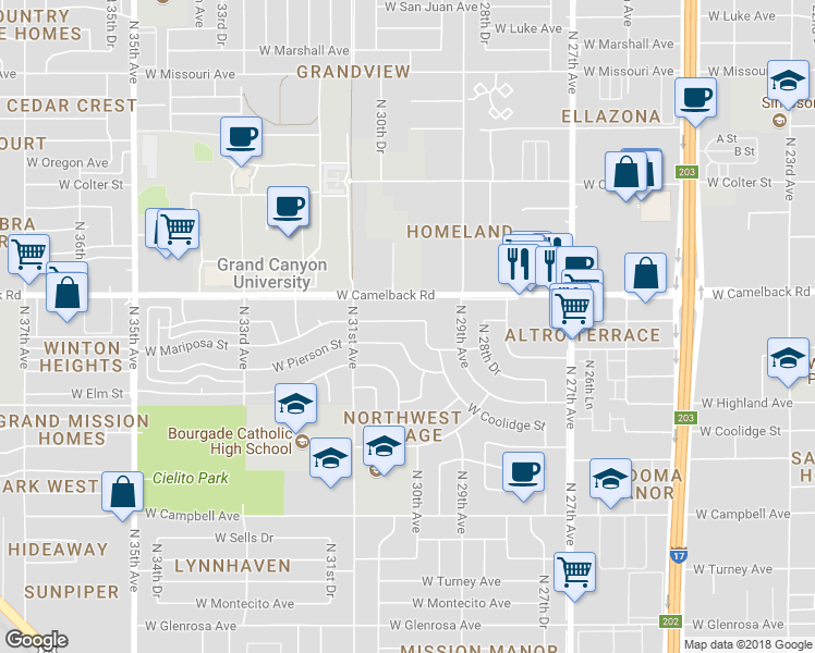 map of restaurants, bars, coffee shops, grocery stores, and more near 3021 West Mariposa Street in Phoenix